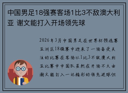 中国男足18强赛客场1比3不敌澳大利亚 谢文能打入开场领先球